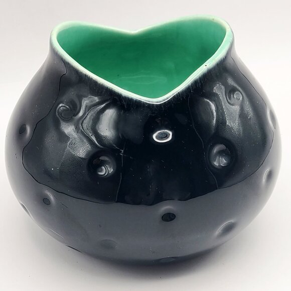Royal Haeger Vintage MCM 1960s Black Green High Gloss Frog Mouth Dimpled Vase - Picture 4 of 10
